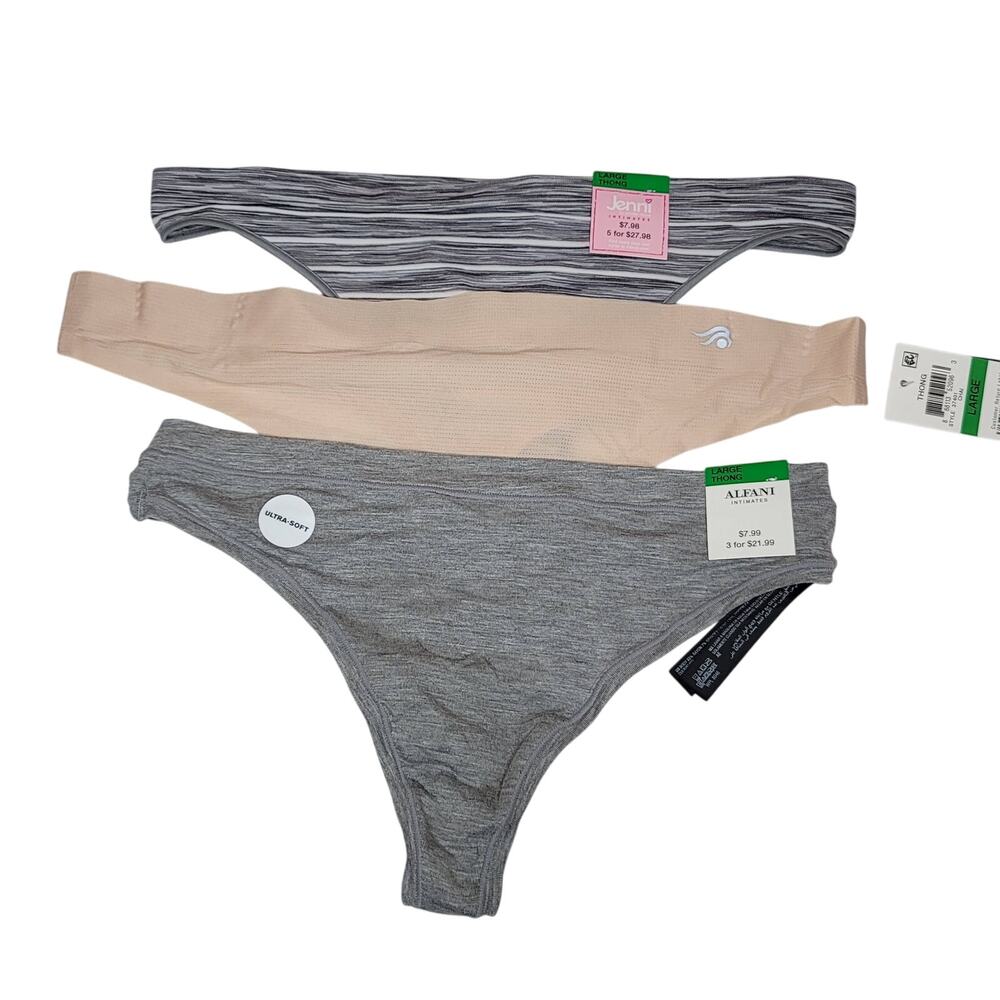 Alfani Intimate Ultra Soft 3 Pack Thong Panties Waistband Elastic Gray LARGE NEW